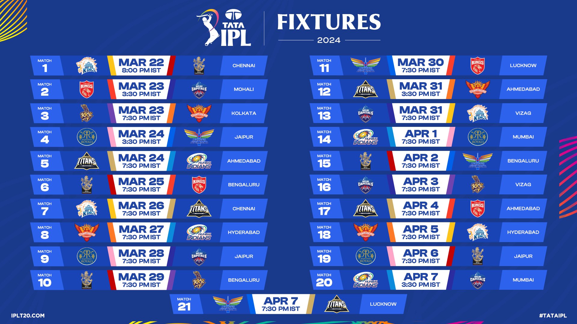 Indian Premier League (IPL) 2024 Schedule Released