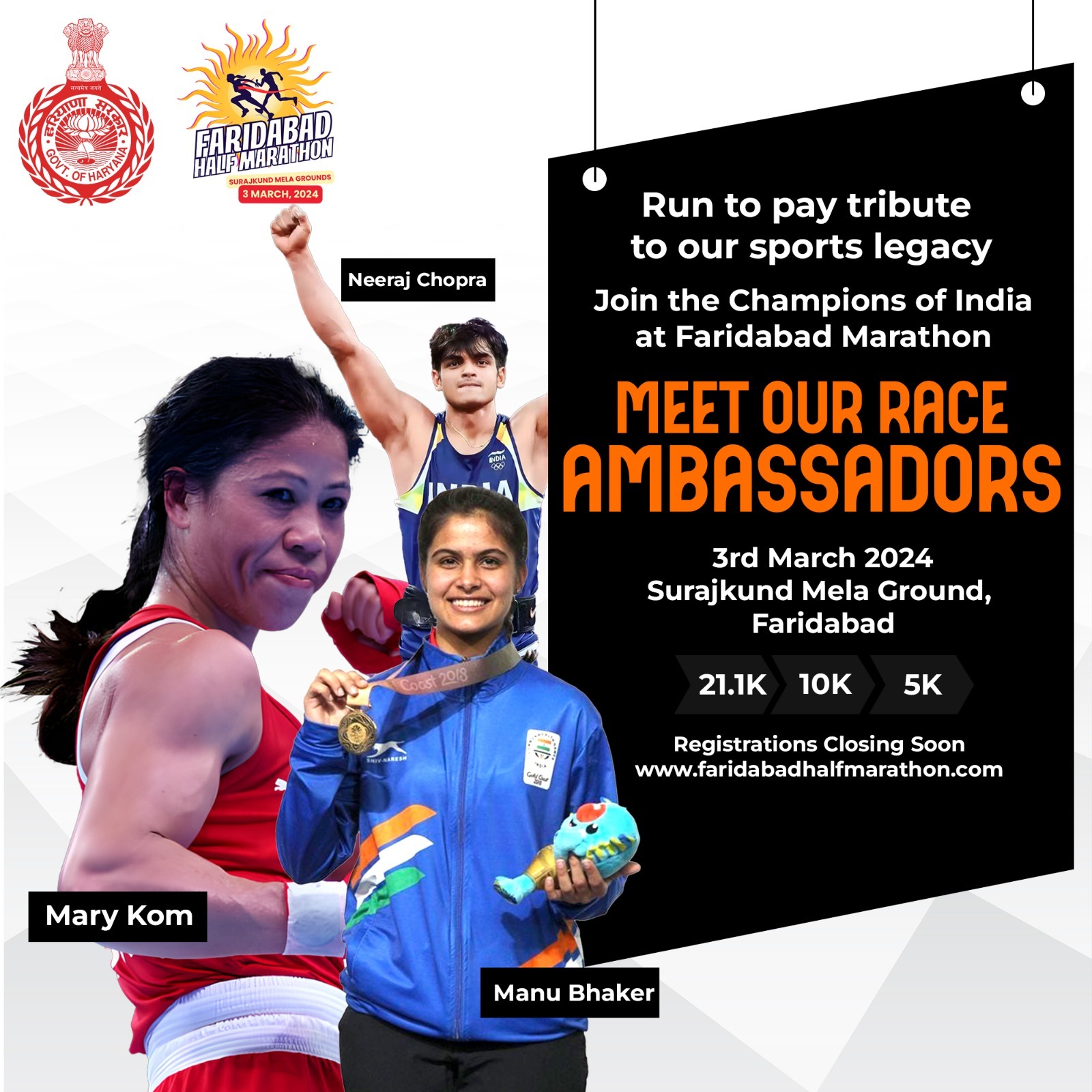 Olympians Mary Kom and Manu Bhaker, will take part in the Faridabad Half Marathon